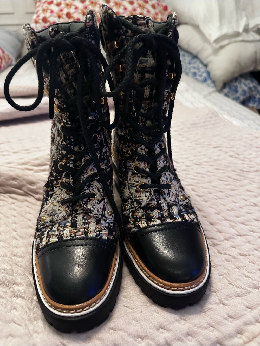Tory Burch Black Tweed Lace-Up Lug Boots with Leather Cap